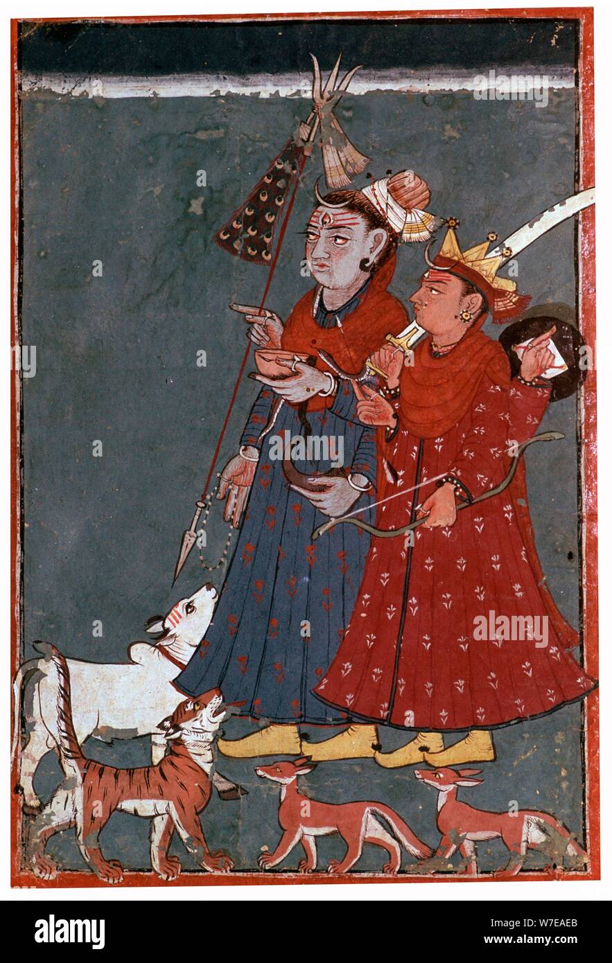 Peinture des dieux Shiva et Khrishna accompagné par un taureau, tigre, et chacals. Artiste : Inconnu Banque D'Images