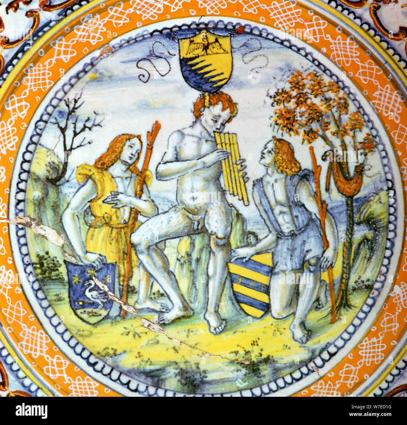 Plaque en faïence italienne montrant deux bergers Pan à la tuyauterie. Artiste : Maestro Benedetto Banque D'Images
