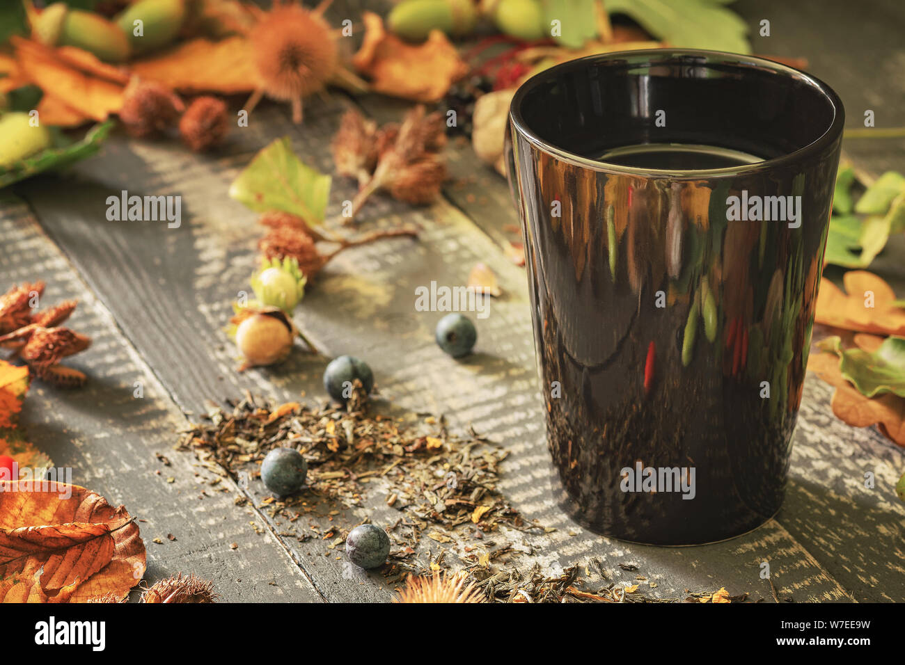 Tasse de thé noir avec le old weathered wooden table avec plateau renversé encadrée par des feuilles tombées et des récoltes d'automne. Banque D'Images Tasse de thé noir avec le old weathered wooden table avec plateau renversé encadrée par des feuilles tombées et des récoltes d'automne. Banque D'Images