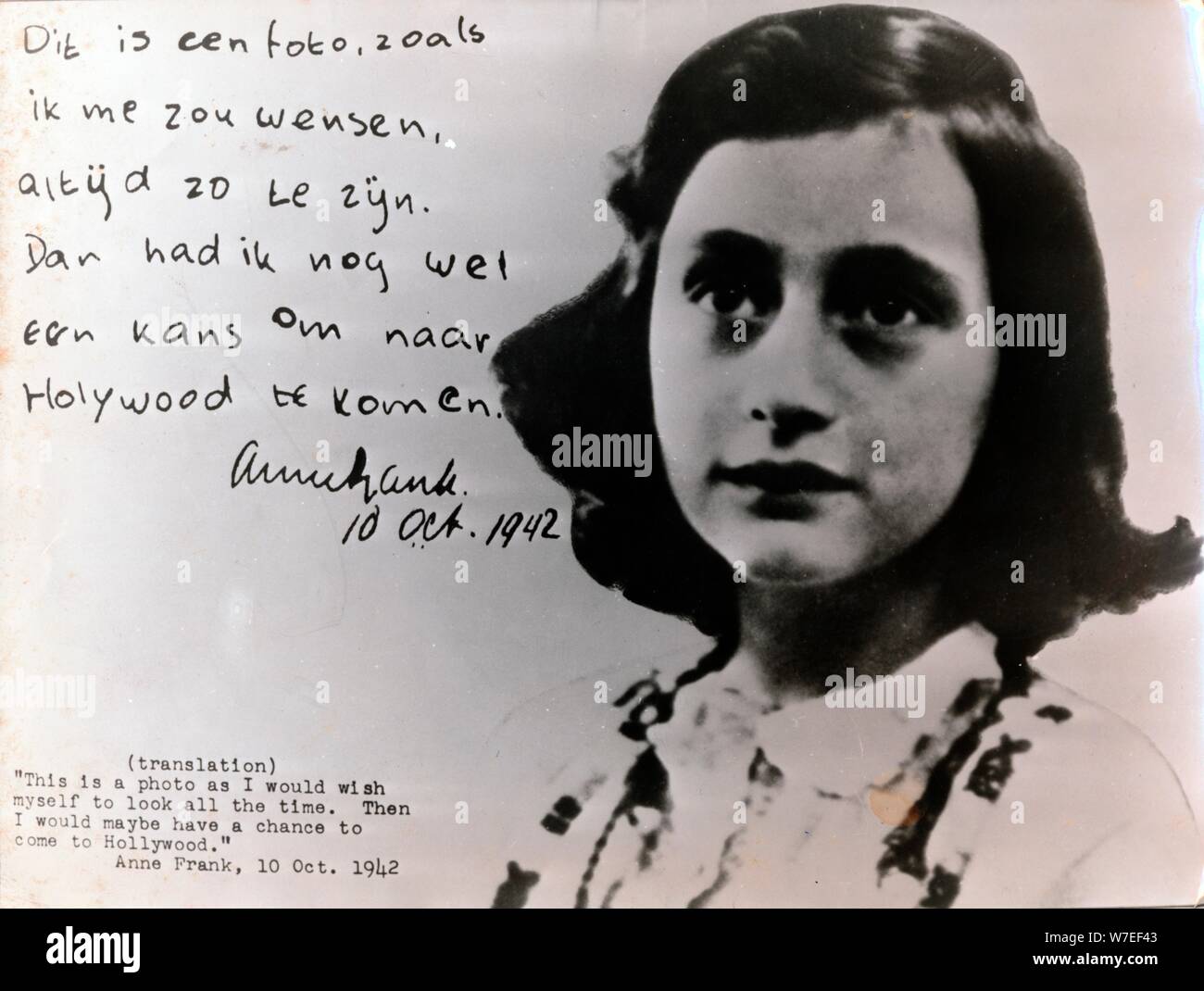Note et photo de Anne Frank, 1942. Artiste : Inconnu Banque D'Images