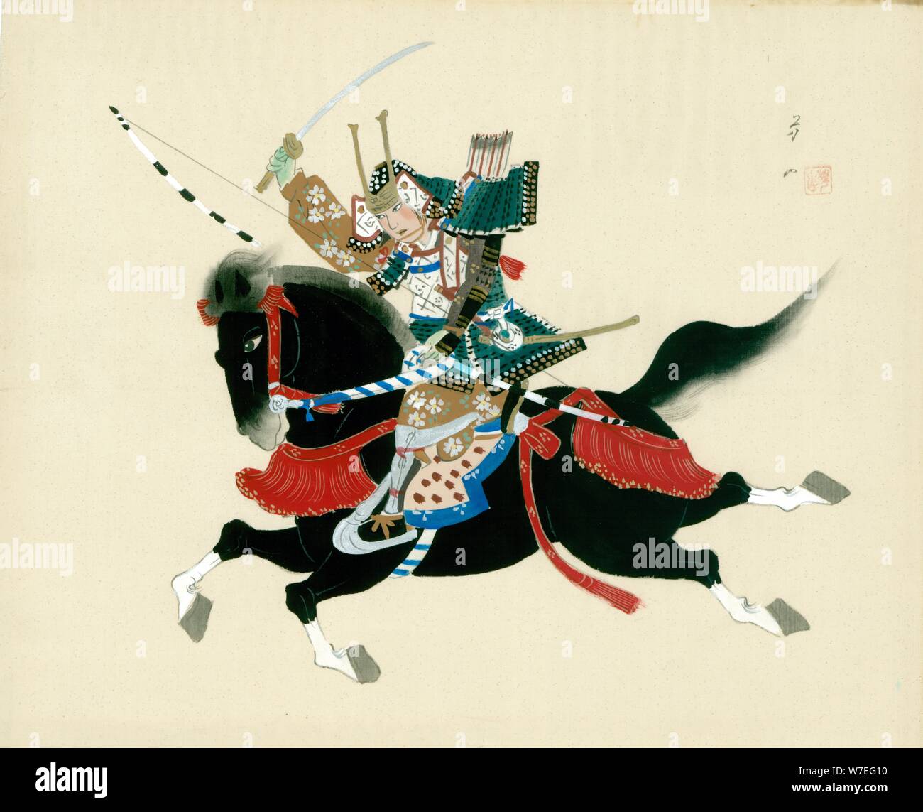 Samurai Warrior un cheval. Une peinture japonaise sur soie, dans un style traditionnel japonais. Artiste : Inconnu Banque D'Images