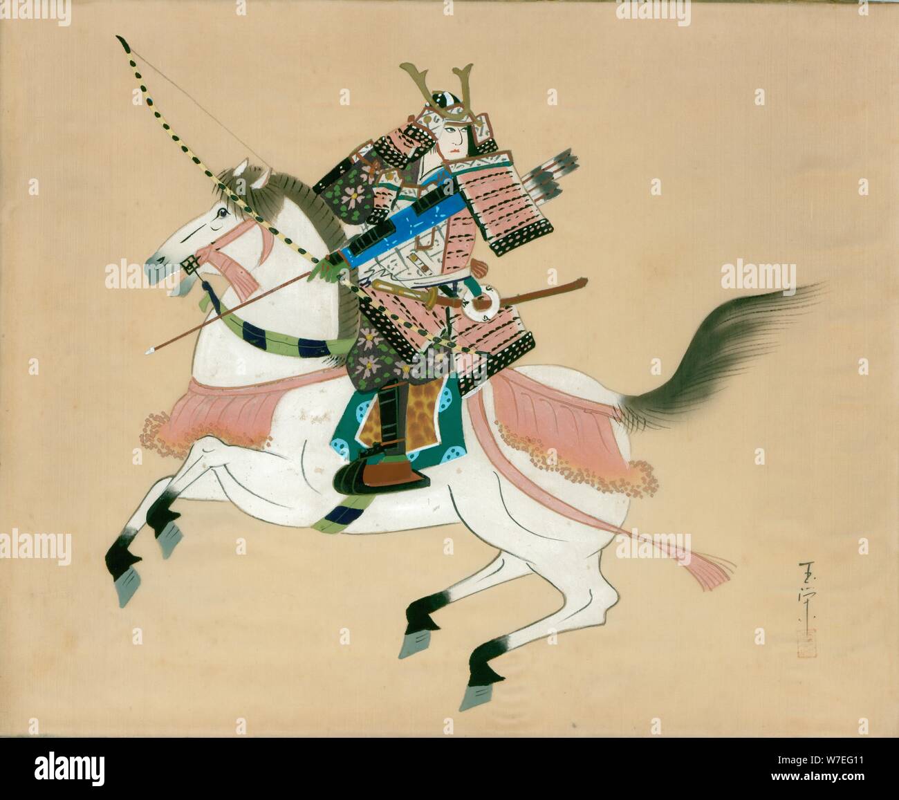 Samurai Warrior un cheval. Une peinture japonaise sur soie, dans un style traditionnel japonais. Artiste : Inconnu Banque D'Images