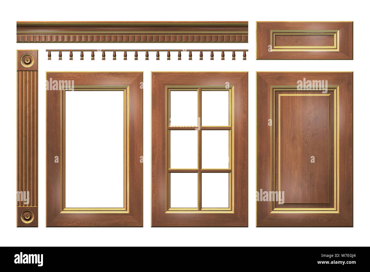 Porte en bois avec de l'or, tiroir, colonne, corniche pour meuble de cuisine isolated on white Banque D'Images