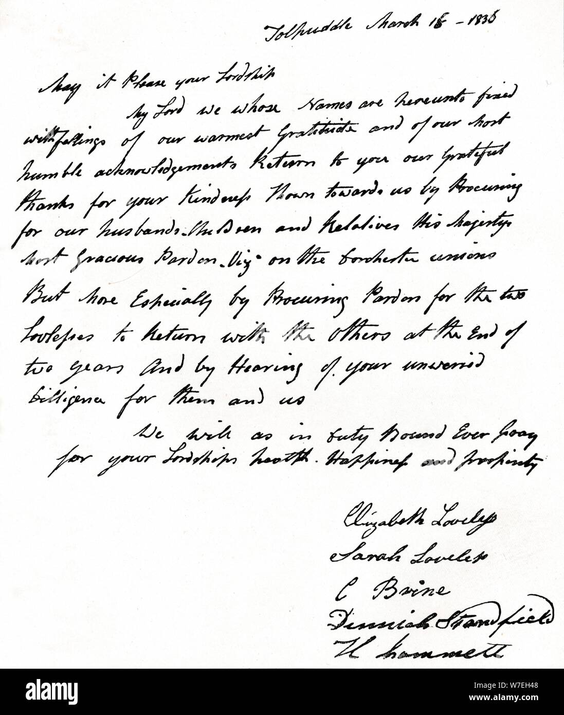 Lettre écrite au ministre de l'intérieur John Russell (1792 à 1878) par les épouses de la Tolpuddle Martyrs, Artiste : Inconnu Banque D'Images
