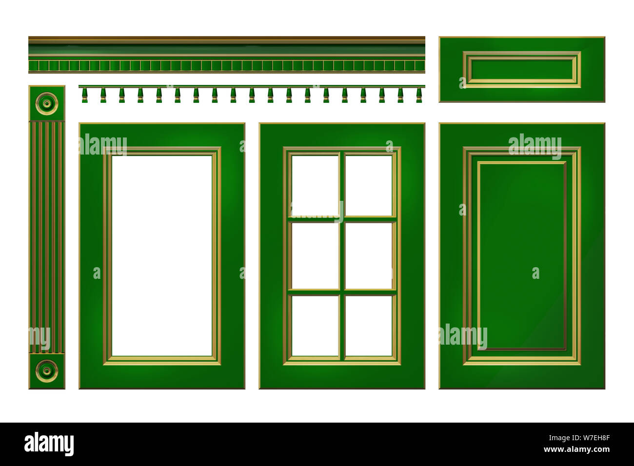 Avec de l'or vert porte, tiroir, corniche, colonne pour meuble de cuisine isolated on white Banque D'Images