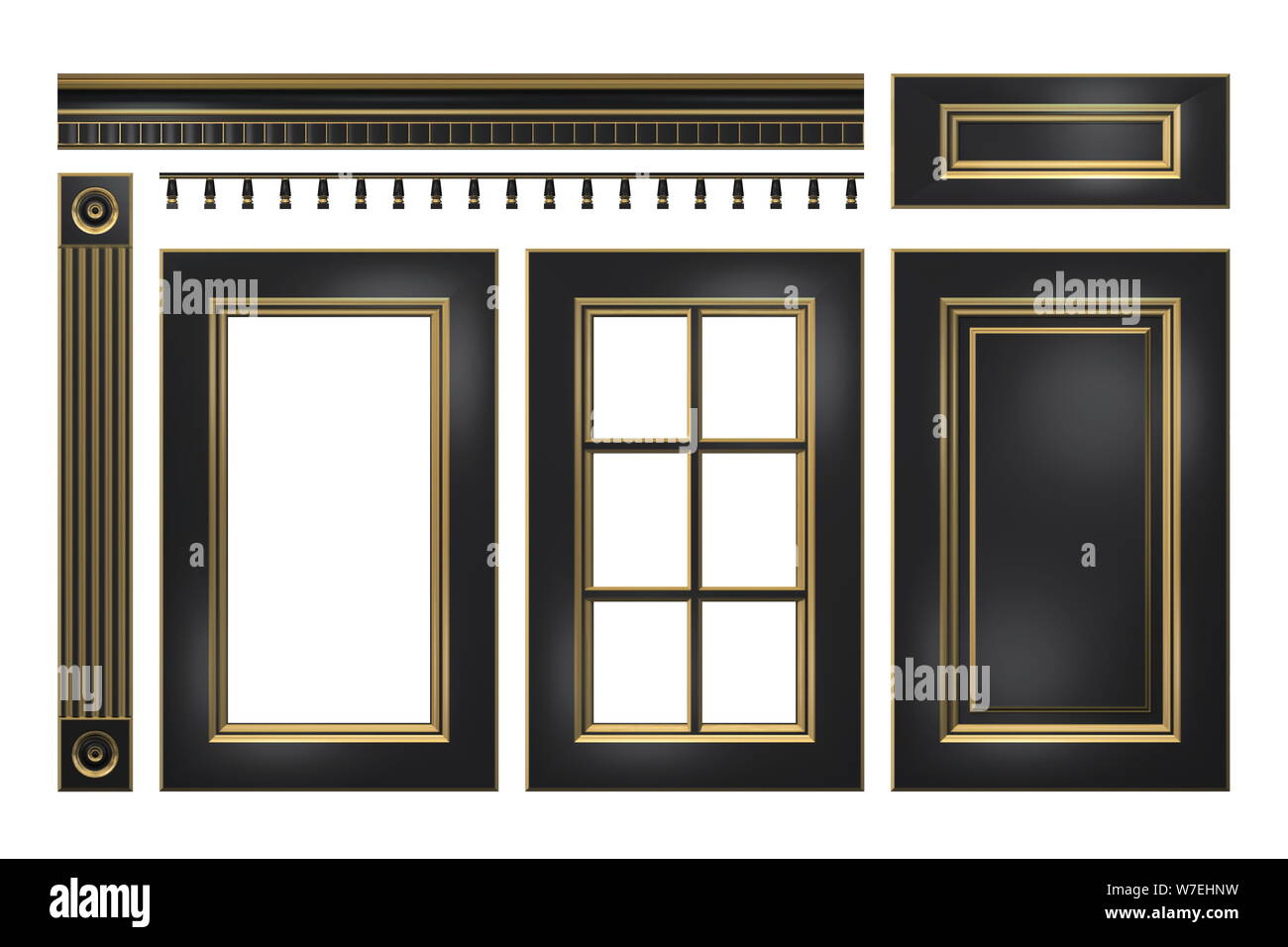 Avec de l'or noir, tiroir porte, colonne, corniche pour meuble de cuisine isolated on white Banque D'Images