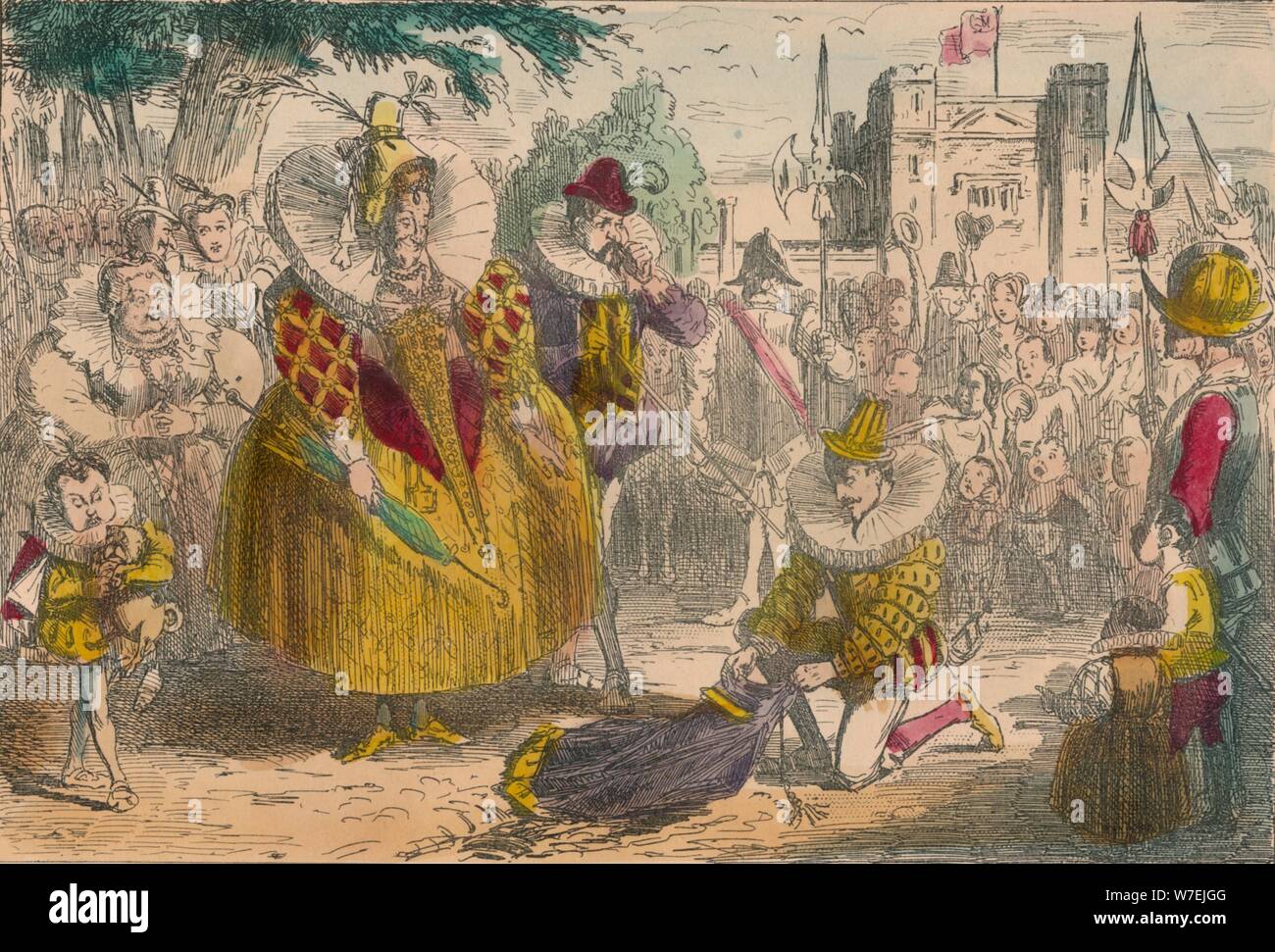 La reine Elizabeth et Sir Walter Raleigh, 1850. Artiste : John Leech Banque D'Images