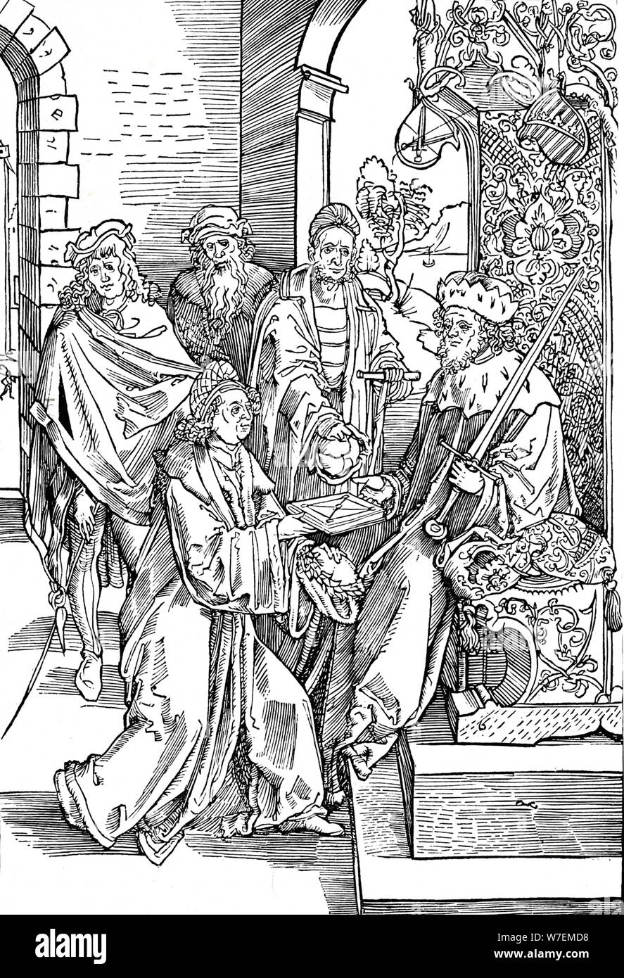 Présentation de son livre 'Celtes à l'Électeur de Saxe", 1501 (1906). Artiste : Albrecht durer. Banque D'Images