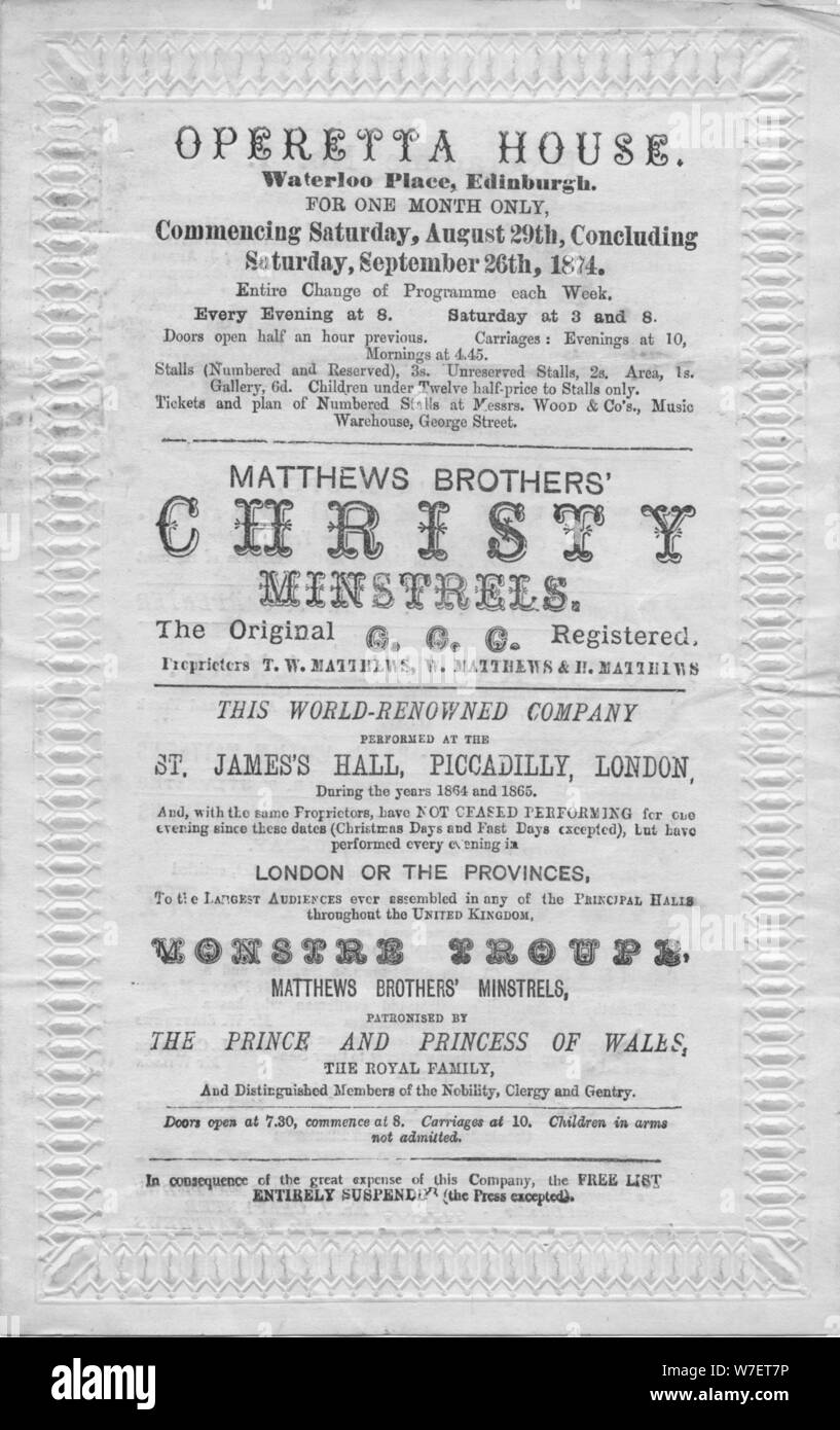 Un programme d'événements pour être à l'honneur à la maison d'opérette, Waterloo Place, Edinburgh, 1874. Artiste : Inconnu. Banque D'Images