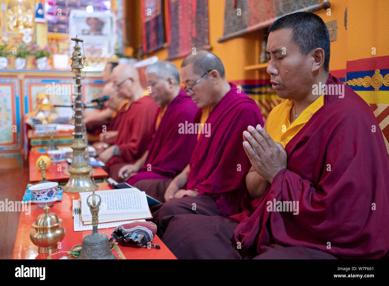 Un moine bouddhiste népalaise et prie et lit un livre de prière tibétain. Au temple Kyidug Sherpa dans NYC. Banque D'Images