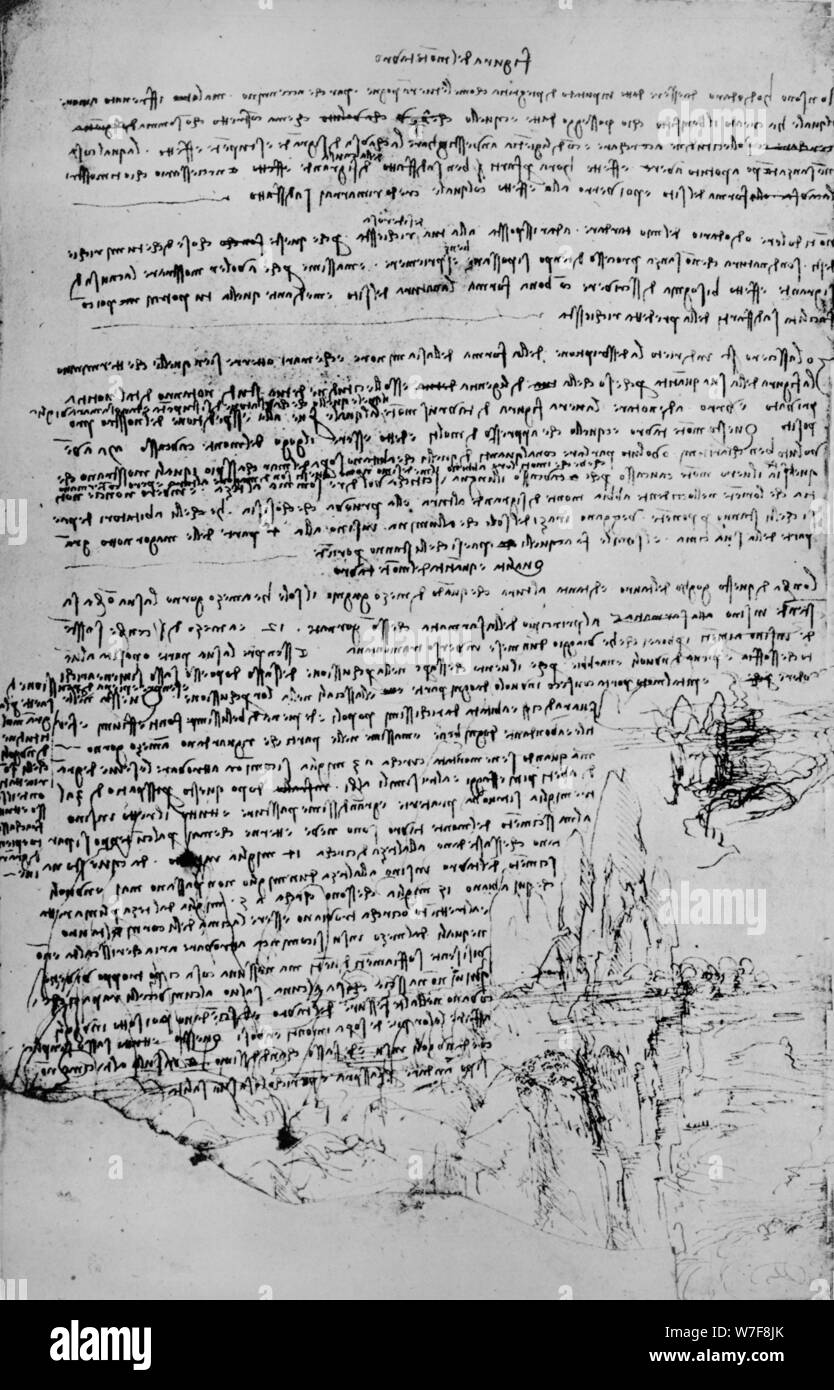 'Page de texte avec des croquis de Paysage', c1480 (1945). Artiste : Leonardo da Vinci. Banque D'Images