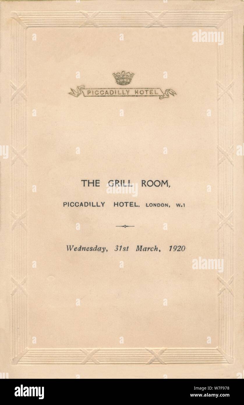 Un menu pour le grill de l'hôtel Piccadilly, Londres, 1920. Artiste : Inconnu. Banque D'Images