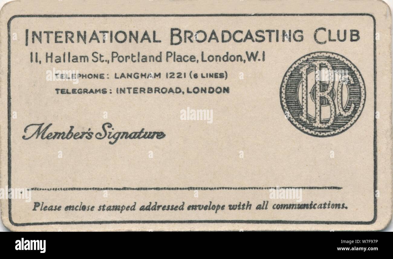 La Radiodiffusion Internationale : 'Club', la carte de membre c1930s. Artiste : Inconnu. Banque D'Images