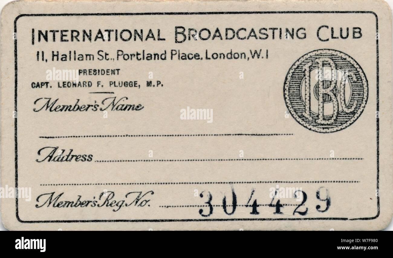 La Radiodiffusion Internationale : 'Club', la carte de membre c1930s. Artiste : Inconnu. Banque D'Images