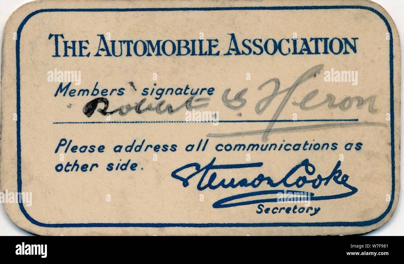 "L'Automobile Association : carte de membre', 1936. Artiste : Inconnu. Banque D'Images
