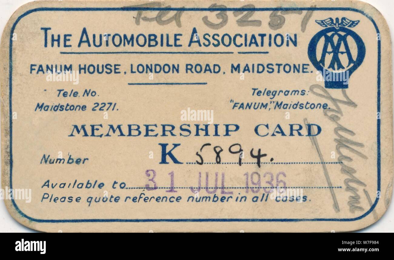 "L'Automobile Association : carte de membre', 1936. Artiste : Inconnu. Banque D'Images