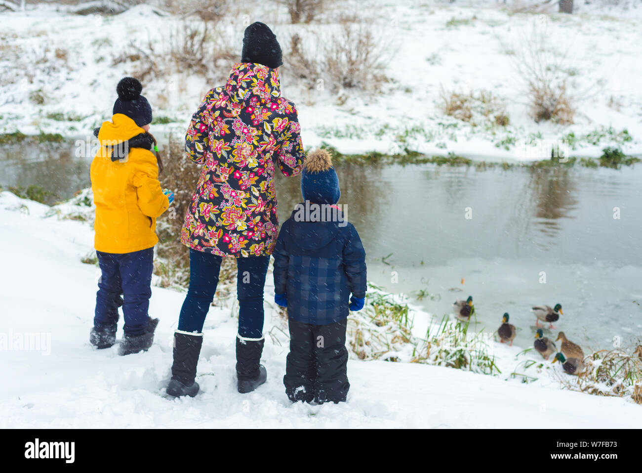 Mère de famille fille et fils nourrir les canards affamés en hiver sur un lac glacé Banque D'Images