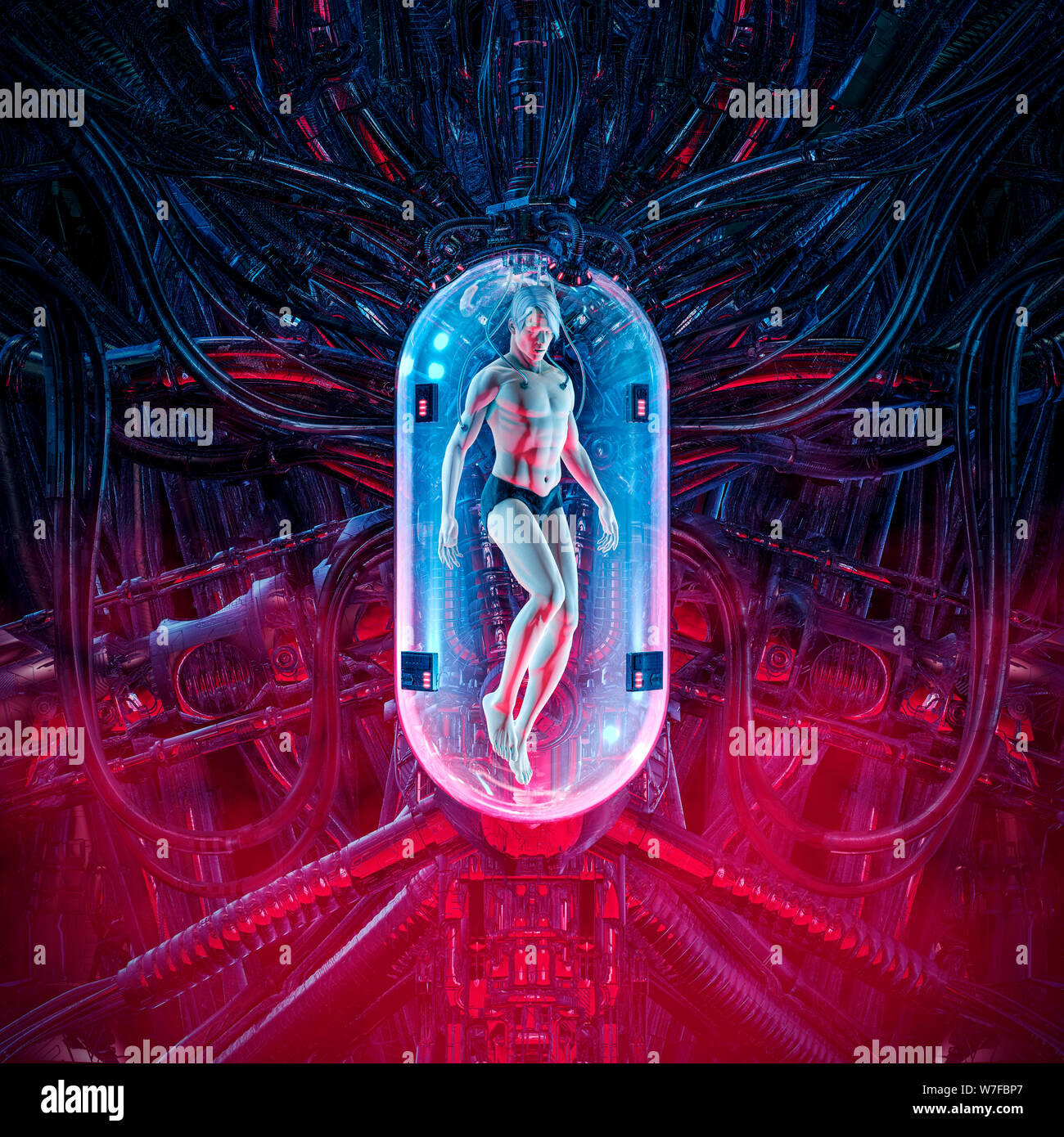 L'homme pod / clone 3D illustration de la science-fiction scène montrant les droits de l'homme figure à l'intérieur futuriste complexes machines clonage incubateur exotiques Banque D'Images