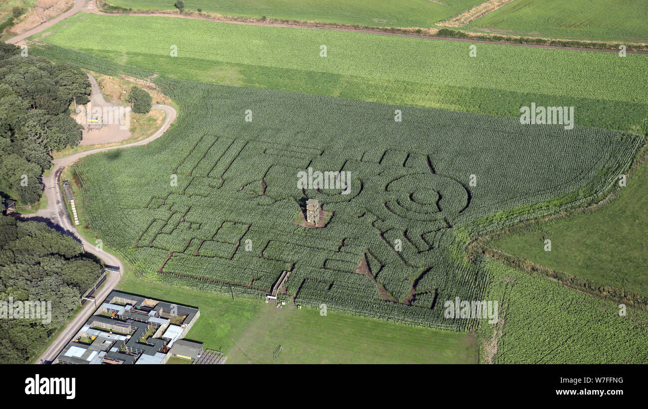 Vue aérienne du labyrinthe de l'aventure Apple Jacks ferme, Stretton dans Cheshire Banque D'Images
