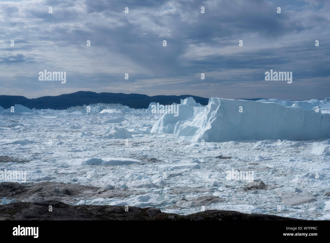 D'énormes icebergs dans le fjord glacé d'Ilulissat, site du patrimoine mondial de l'Unesco, près de Avignon dans l'ouest du Groenland. Banque D'Images