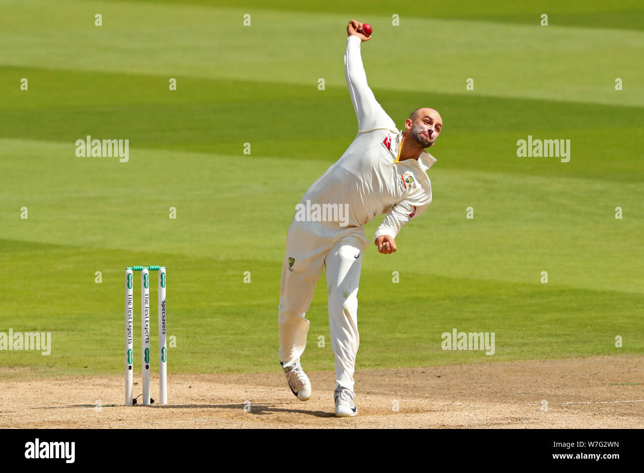 BIRMINGHAM, ANGLETERRE. 04 AOÛT 2019 : Lyon, de l'Australie au cours de bowling jour 5 du 1er Test Match Cendres Specsavers, au terrain de cricket d'Edgbaston, Birmingham, Angleterre. Banque D'Images