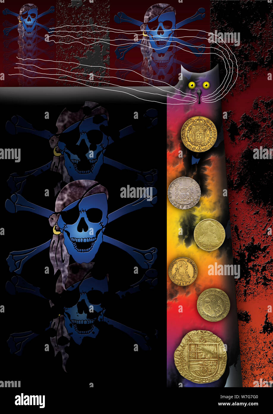 Cat-a-tonique. L'art abstrait avec les chats avec "Cattitude". Cela représente un "Jolly roger". Banque D'Images