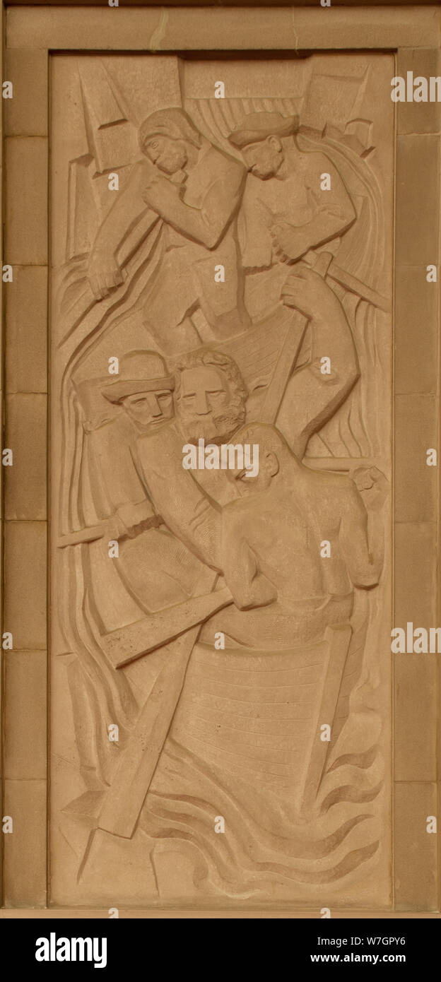 Bas-relief de Powell à la découverte de la Californie, par Ralph Stackpole au ministère de l'intérieur, Washington, D.C. Banque D'Images
