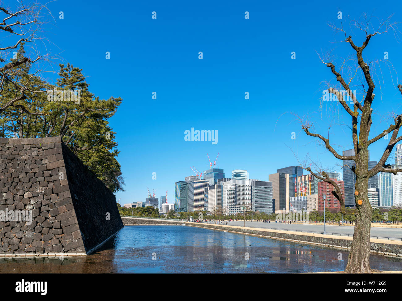 Gratte-ciel dans le quartier Marunouchi avec les murs du palais impérial au premier plan, Tokyo, Japon Banque D'Images