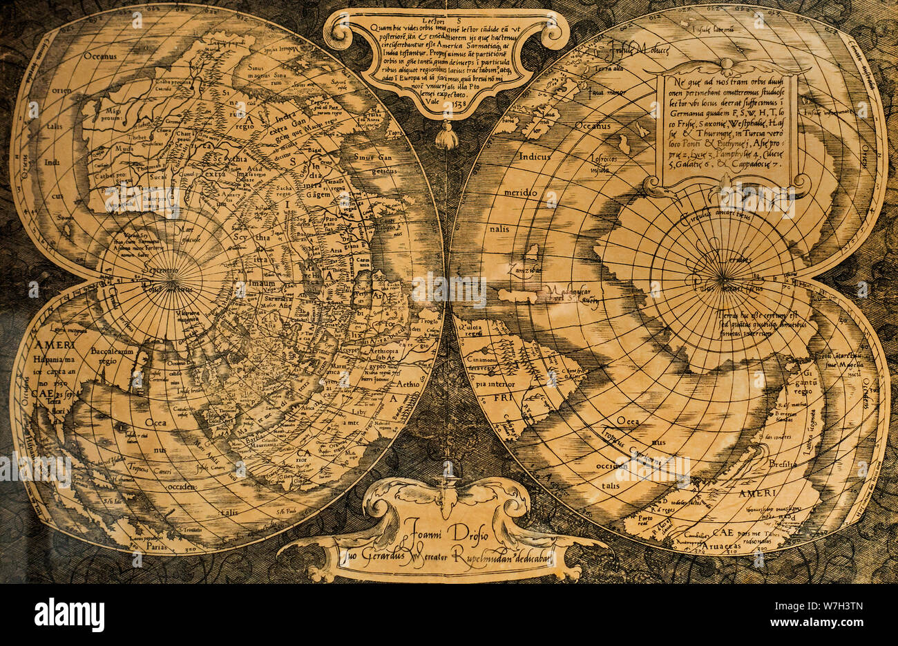 1538 double-cœur de projection en forme de carte du monde, projection cordiforme par cartographe flamand Gerardus Mercator Banque D'Images