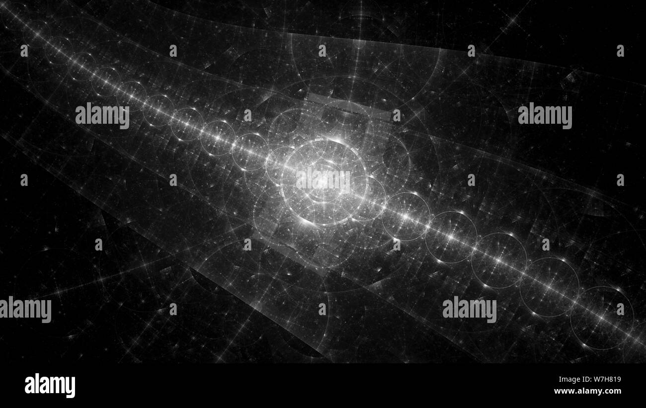 Les cercles multiples lumineux dans l'espace, l'intensité de la carte en noir et blanc, 3D Rendering Banque D'Images
