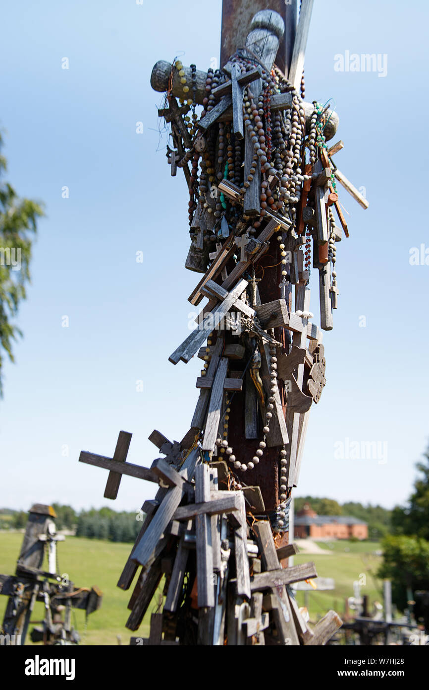 Rucifixes en bois de la colline des croix ou Kryziu kalnas. Célèbre site de pèlerinage catholique à Siauliai, Lituanie. Monument de la foi et religieux Banque D'Images