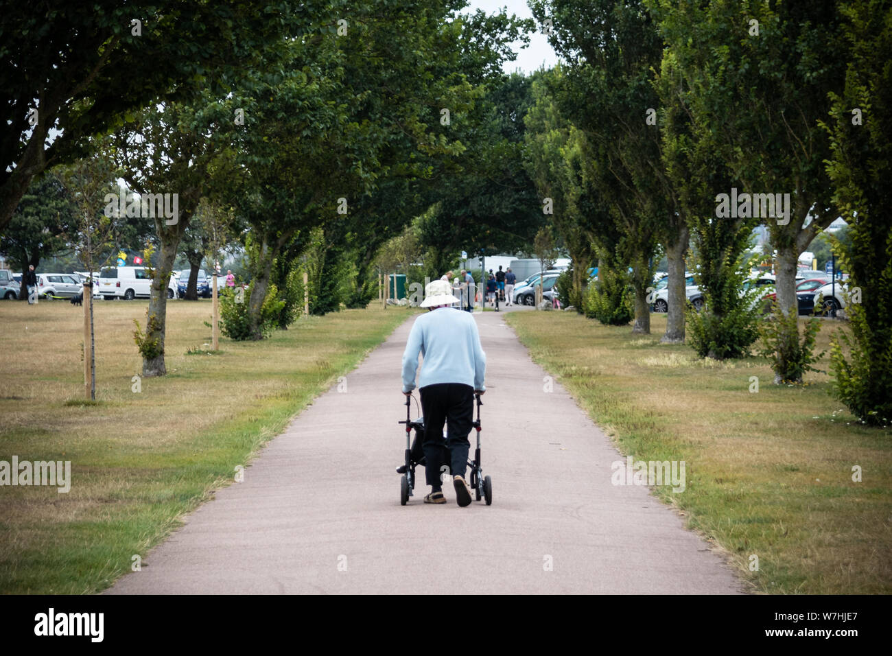 La marche d'une femme âgée, un parc à l'aide d'un dispositif d'aide à la marche ou d'aide à la mobilité Banque D'Images