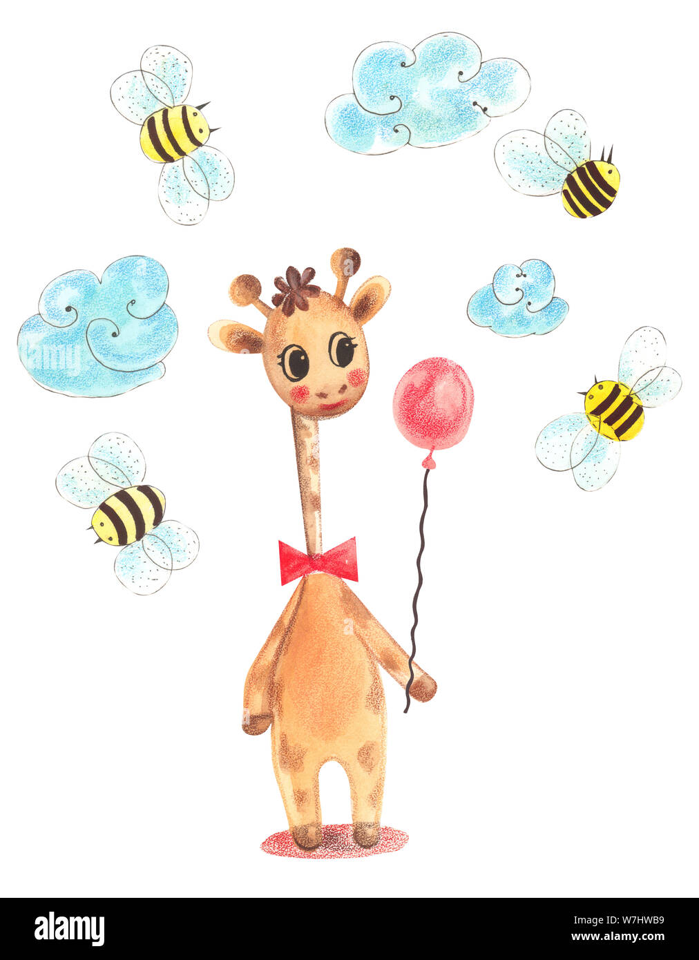 Illustration d'une aquarelle en couleurs personnage animal girafe debout et tenant un ballon sur un arrière-plan blanc isolé. Banque D'Images