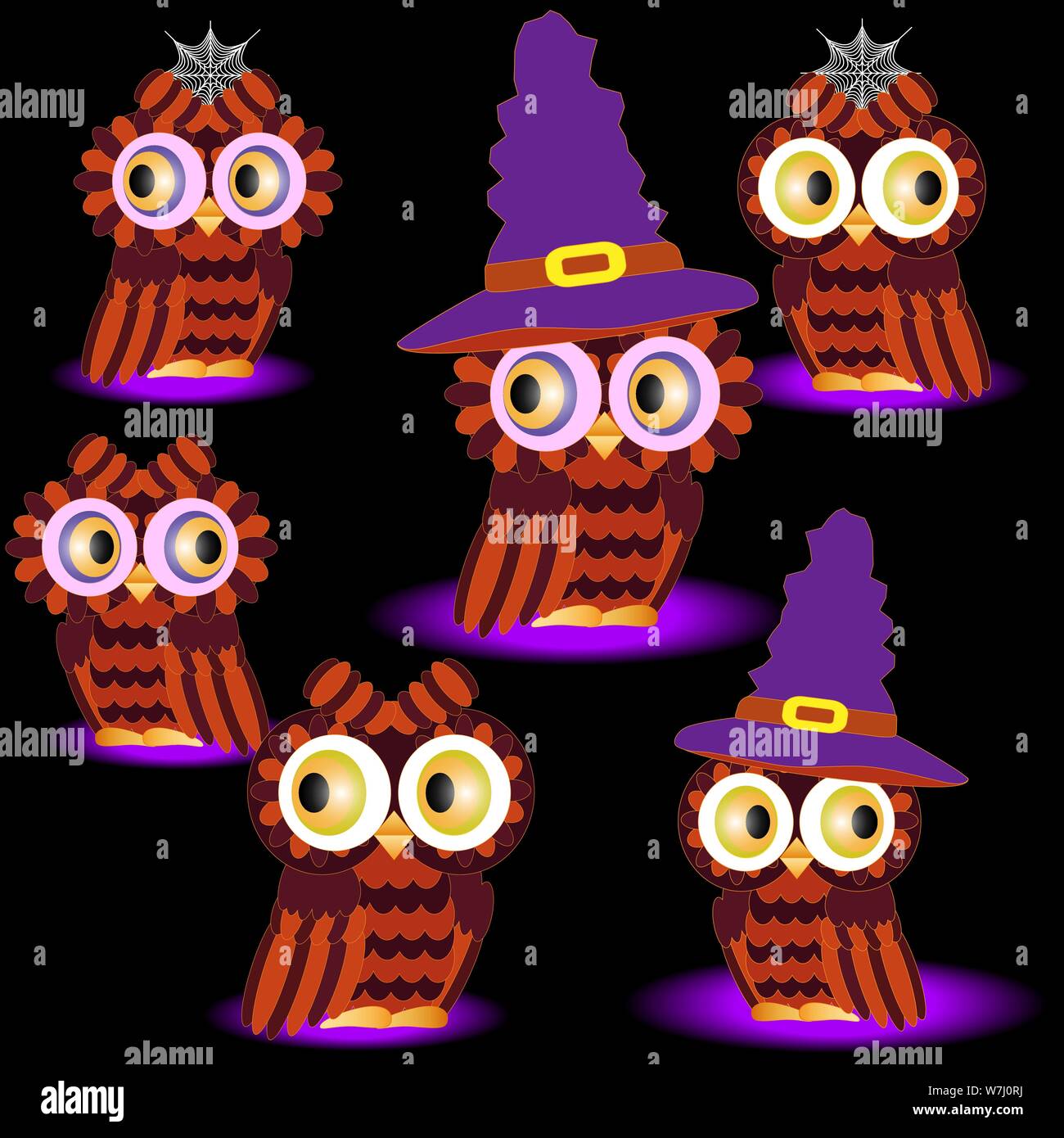 Une série de six hiboux dans les couleurs de l'Halloween, avec une toile d'araignée dans un chapeau pointu sur fond noir Illustration de Vecteur