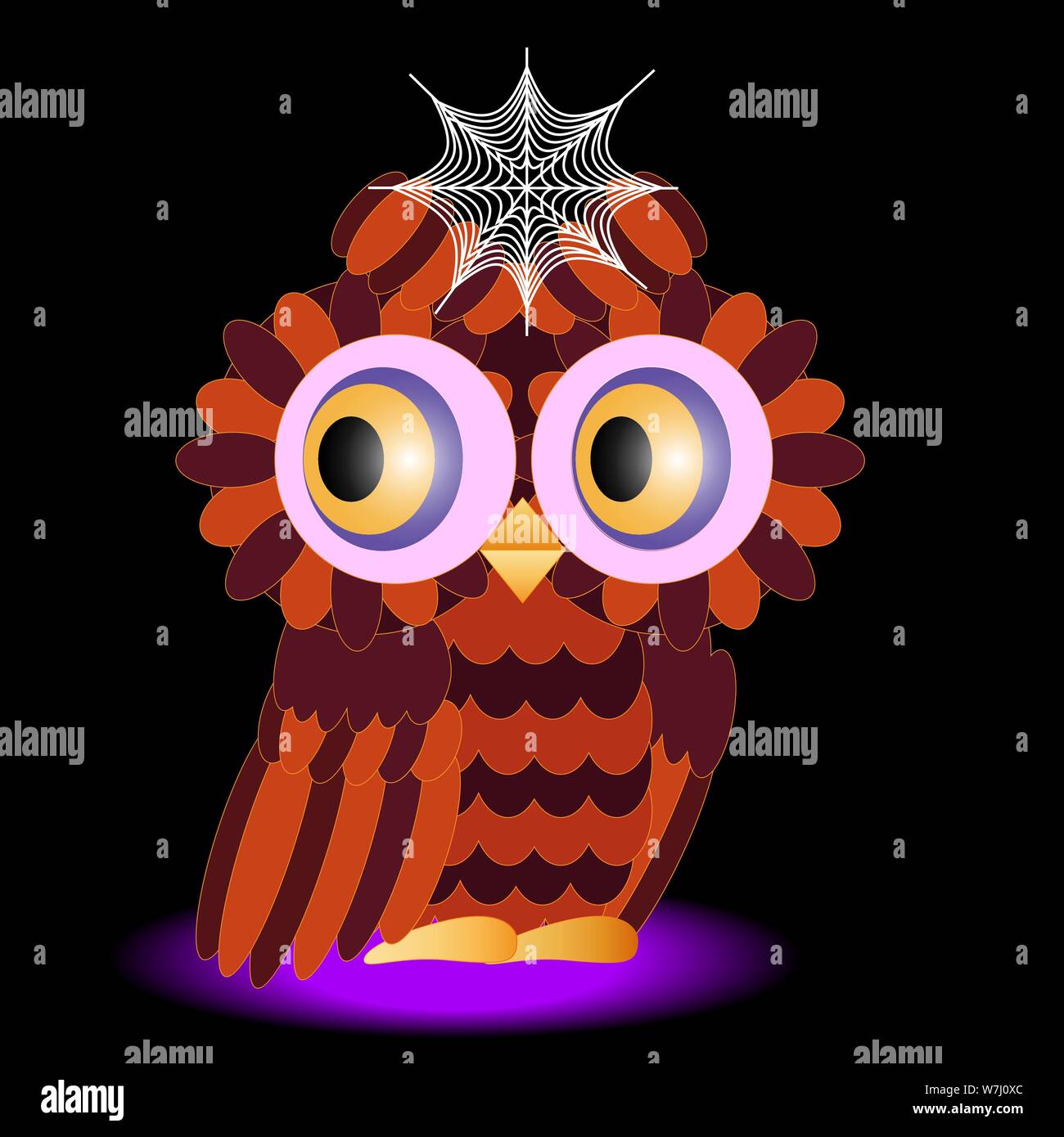 Un hibou peint en couleurs d'un halloween, avec une toile d'araignée entre les sourcils sur un fond noir Illustration de Vecteur