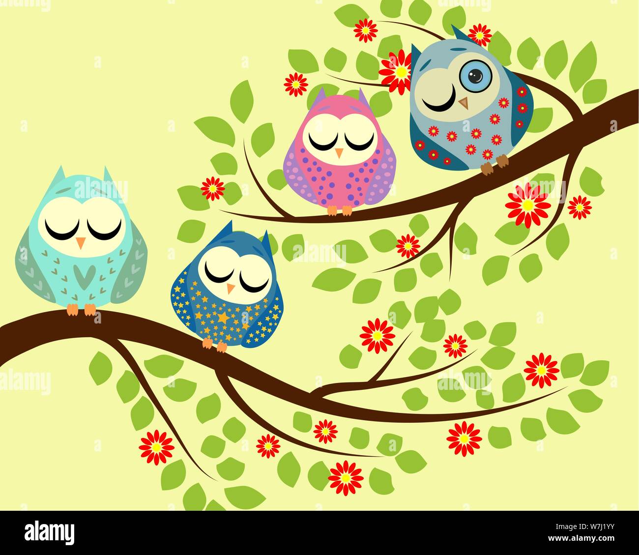 L Espion Quatre Chouettes Dessin Anime Lumineux Dormir Sur Les Branches D Un Arbre En Fleurs Un Hibou Avec Un Oeil Ouvert Image Vectorielle Stock Alamy