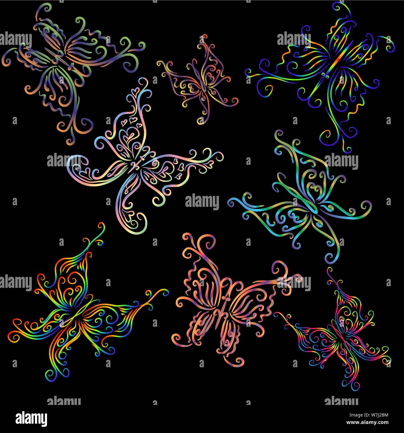 Huit, irisé, papillons gracieux sur fond noir Illustration de Vecteur