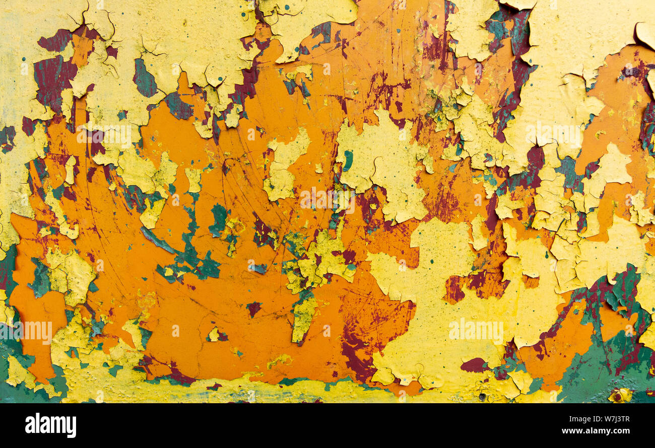 Feuille de métal rouillé de couches de peinture de différentes couleurs - une photo de la texture de surface Banque D'Images