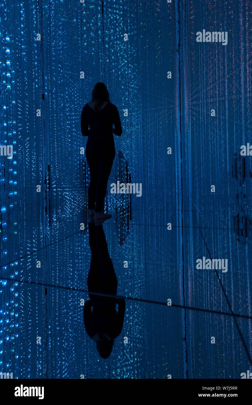 L'installation de LED, visiteur au Musée d'art numérique, TeamLab planètes, Ville Koto, Tokyo, Japon Banque D'Images