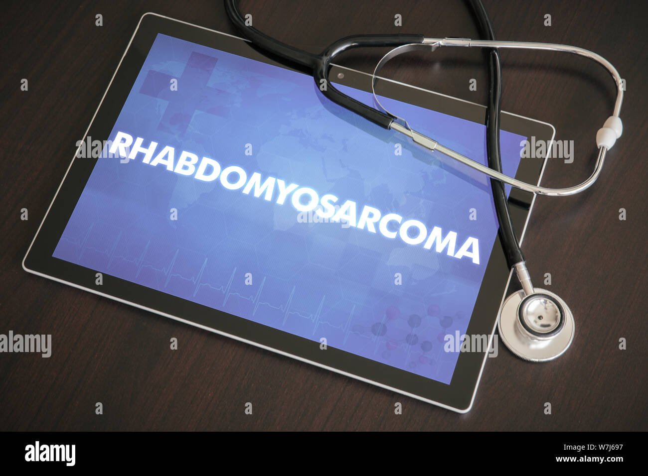 Le rhabdomyosarcome (type de cancer) diagnostic medical concept sur écran de tablette avec stéthoscope. Banque D'Images