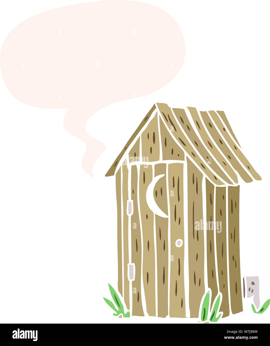 Toilettes traditionnelles de plein air dessins animés avec croissant de lune fenêtre avec bulle en style retro Illustration de Vecteur