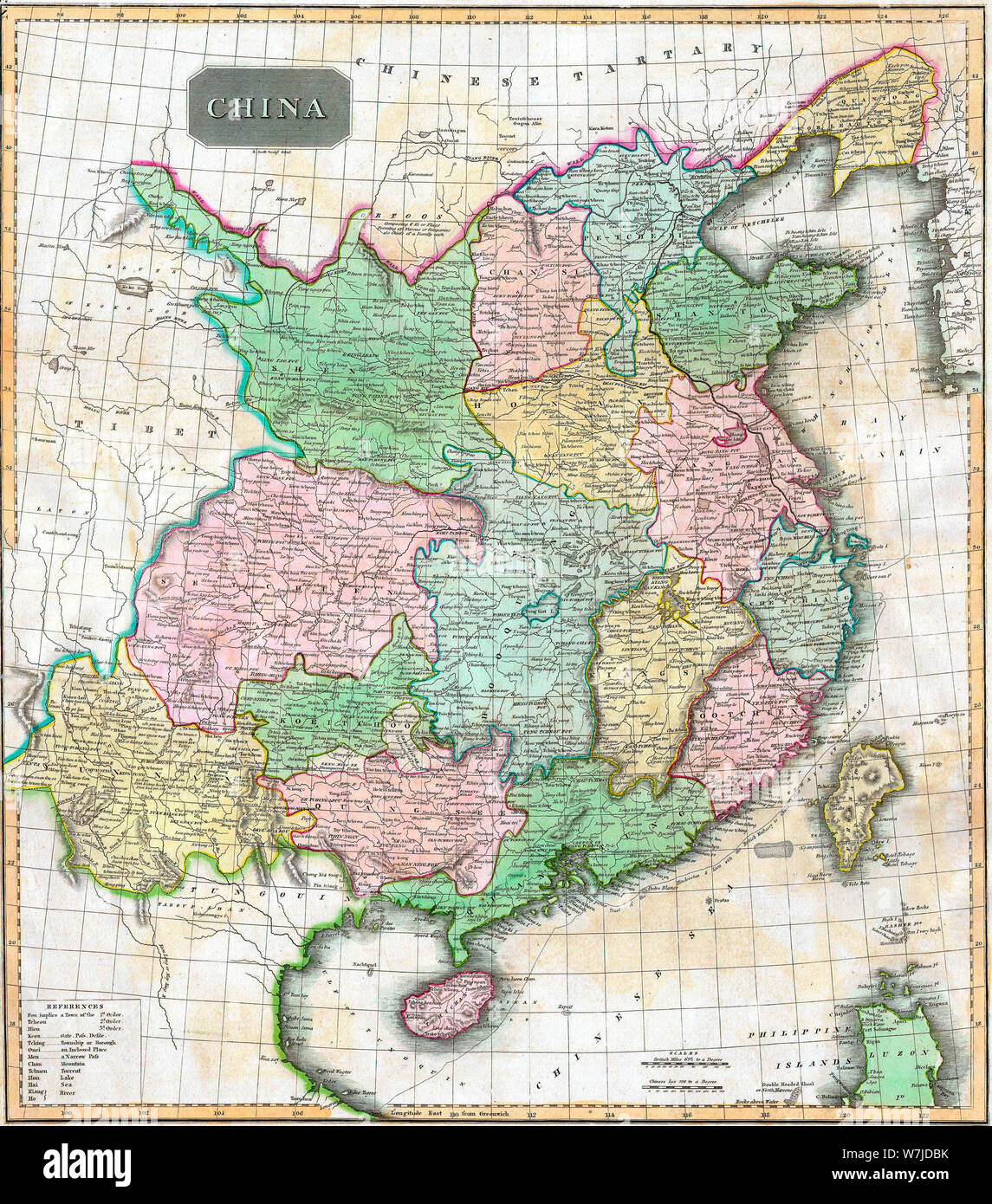 Carte de Chine - ce fascinant colorié à la main une carte de 1814 par John Thomson cartographe Édimbourg représente la Chine. Montre la Grande Muraille de Chine comme la limite nord. S'étend aussi loin à l'ouest que le plateau tibétain et aussi loin au sud que l'ancien royaume chinois/vietnamien du Tonkin ou Tungouin Banque D'Images