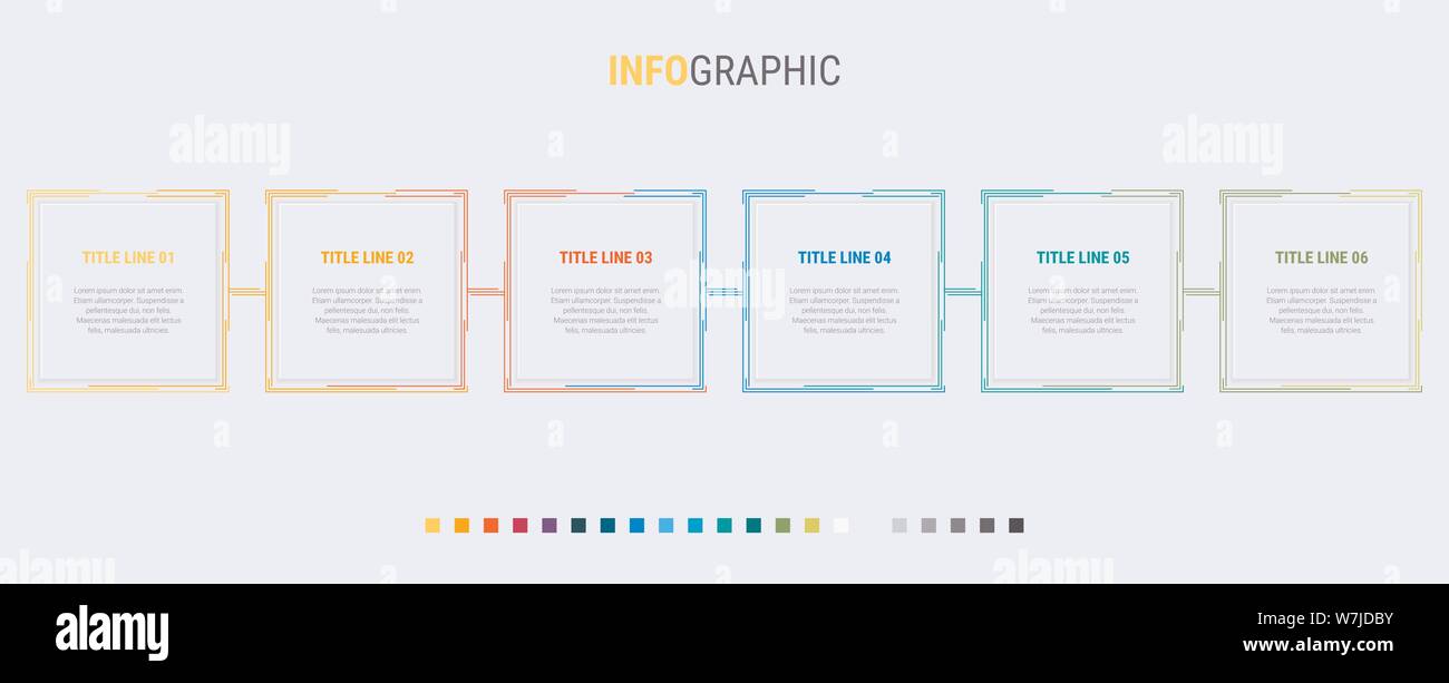 Infographic template. 6 étapes conception carrée avec de belles couleurs. Calendrier des présentations pour des éléments de scénario. Illustration de Vecteur