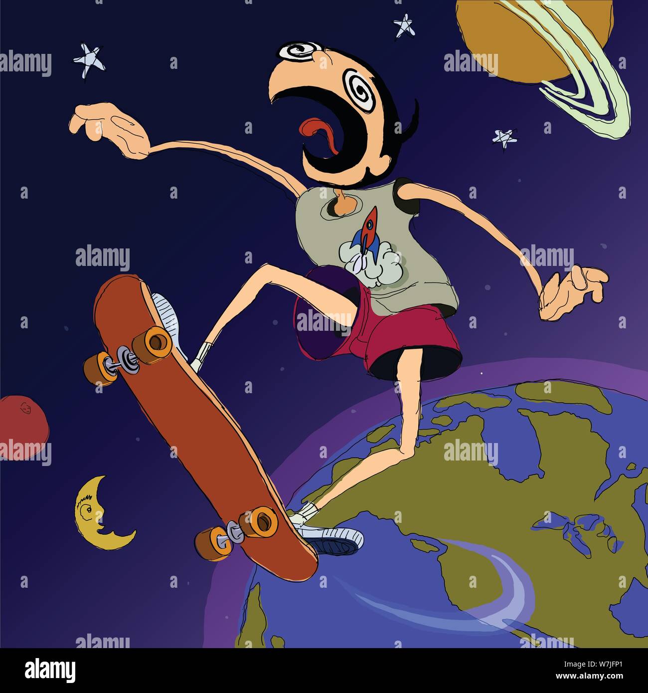 Graphique, animation, illustration d'un homme sur un skateboard sauter de la terre tout le chemin dans l'espace Illustration de Vecteur