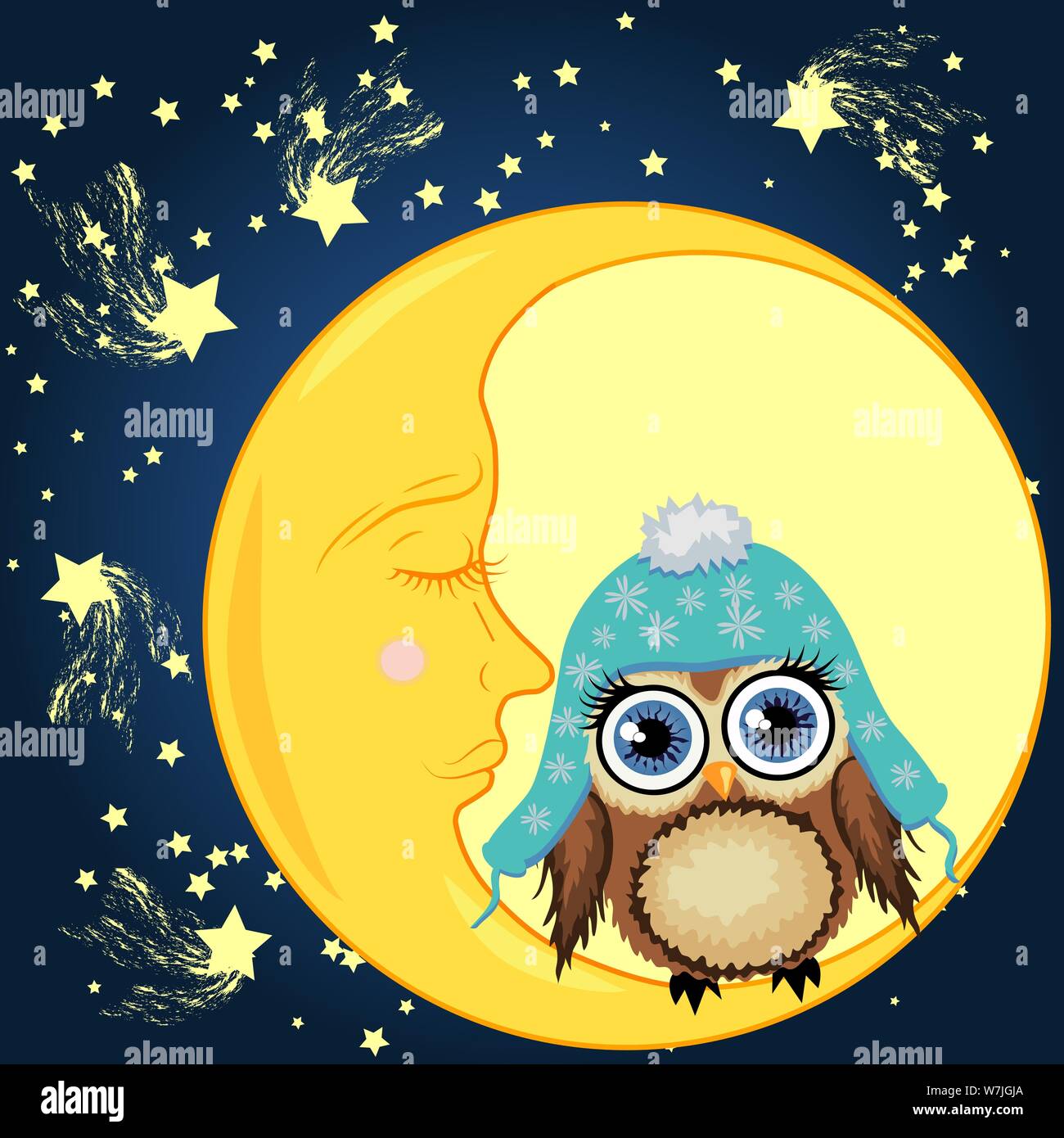 Une douce caricature brown owl dans un bouchon bleu est assis sur un croissant de refoulement dans le contexte d'un ciel de nuit avec des étoiles Illustration de Vecteur