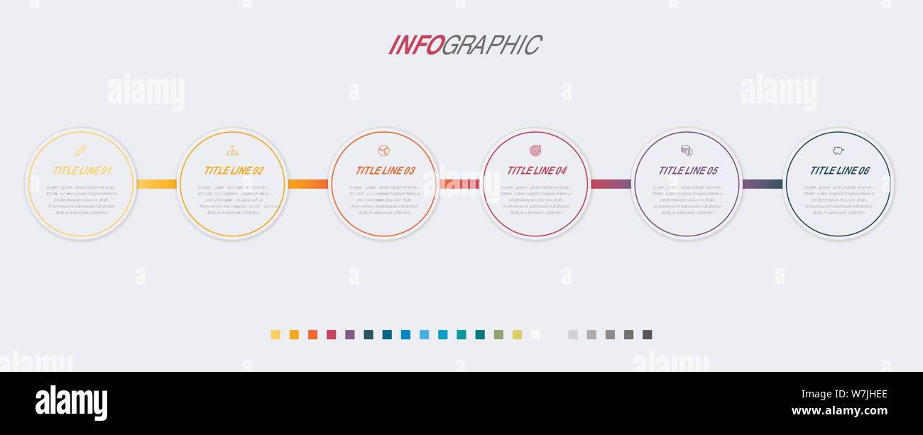 Vecteur de conception infographique Timeline. 6 étapes du workflow, arrondi de la mise en page. Infographie vecteur modèle timeline. Illustration de Vecteur