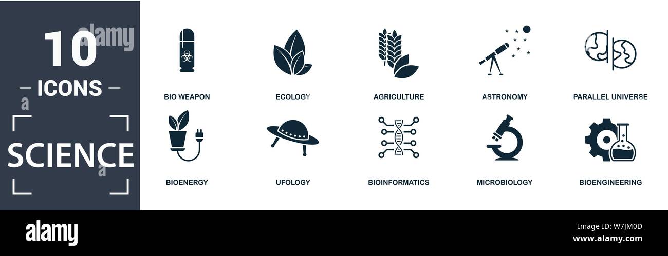 La science icon set. Contenir l'agriculture, de l'appartement rempli de la biogénétique, de la bioinformatique, de l'arme biologique, univers parallèle, l'ufologie, l'écologie, la microbiologie icons Illustration de Vecteur