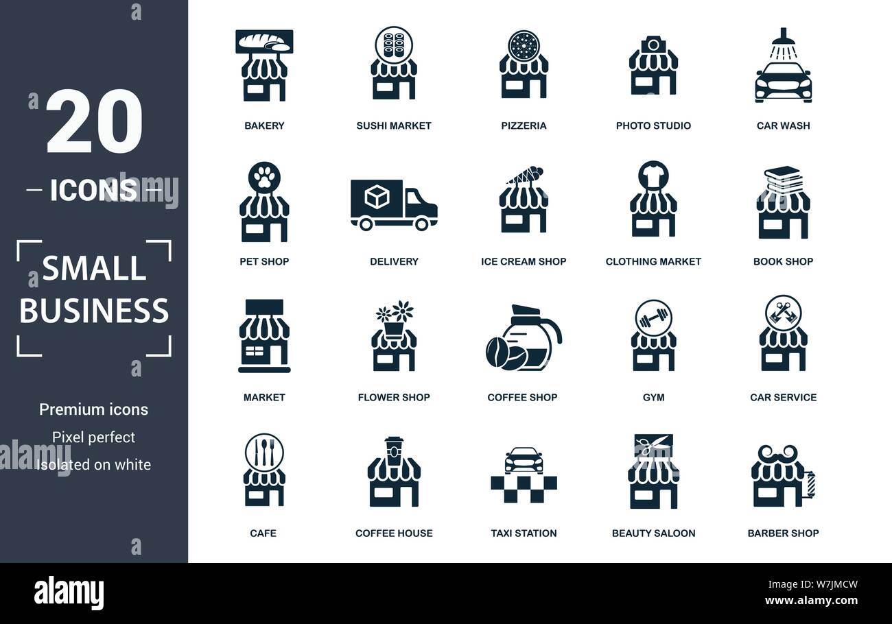 Small Business icon set. Télévision, marché remplis contiennent la station de taxi, lavage de voiture, magasin de crème glacée, une boulangerie, une librairie, un salon de coiffure d'icônes. Format modifiable Illustration de Vecteur