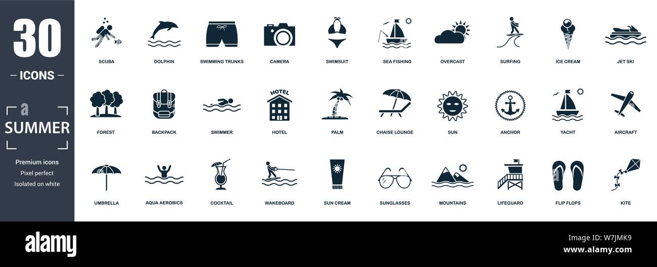 L'icône d'été ensemble. Télévision, remplis contiennent d'ancrage, des lunettes de soleil, de palmiers, d'aéronefs, sac à dos, maillot d'icônes. Format modifiable Illustration de Vecteur