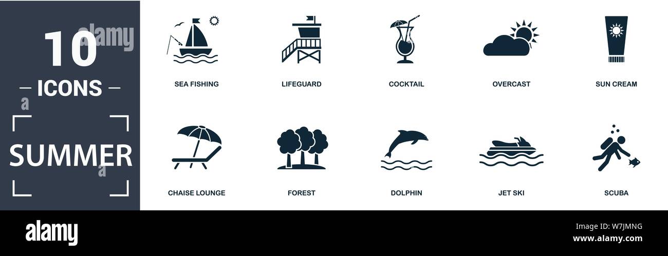L'icône d'été ensemble. Télévision remplis contiennent des cerf-volant, pêche en mer, Lifeguard, cocktail, ciel couvert, crème solaire, chaise longue, forêt, Dolphin, jet ski, plongée icons Illustration de Vecteur